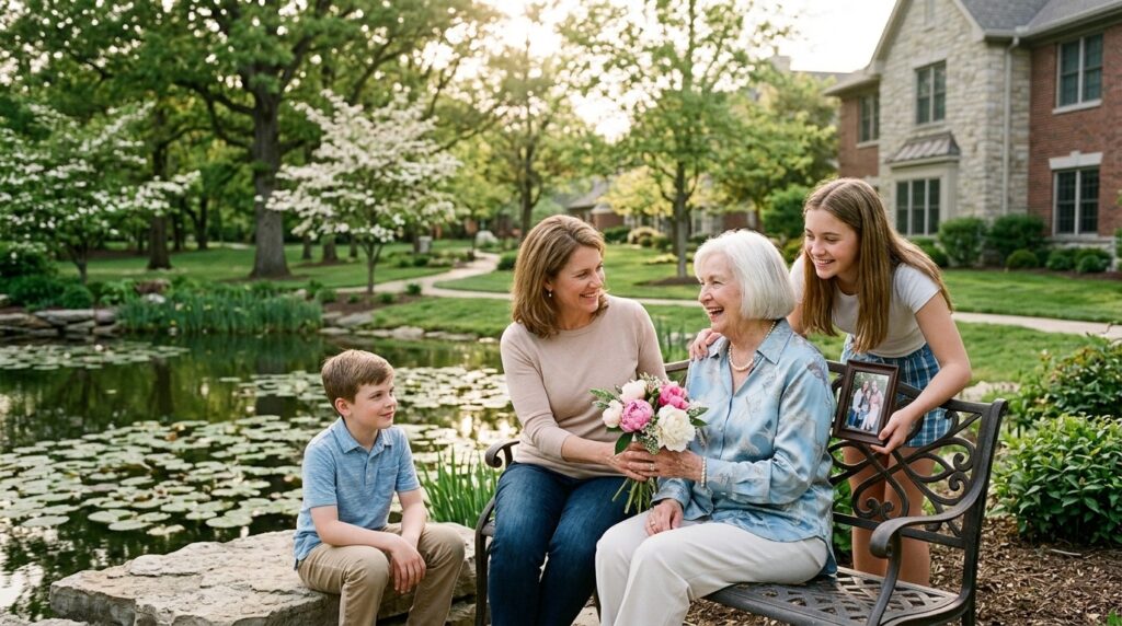 An adult and older adult sharing a warm embrace outdoors, celebrating a meaningful Mother's Day moment together.