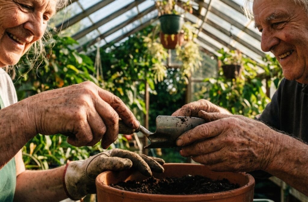 Two older adults smiling and potting plants together in a bright greenhouse with soil on their hands.

