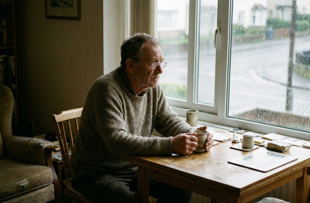 Older adult sitting alone at a small table near a window in a softly lit room looking outward.