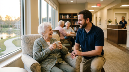 a carer kneels next to a senior who is drinking coffee in assisted living