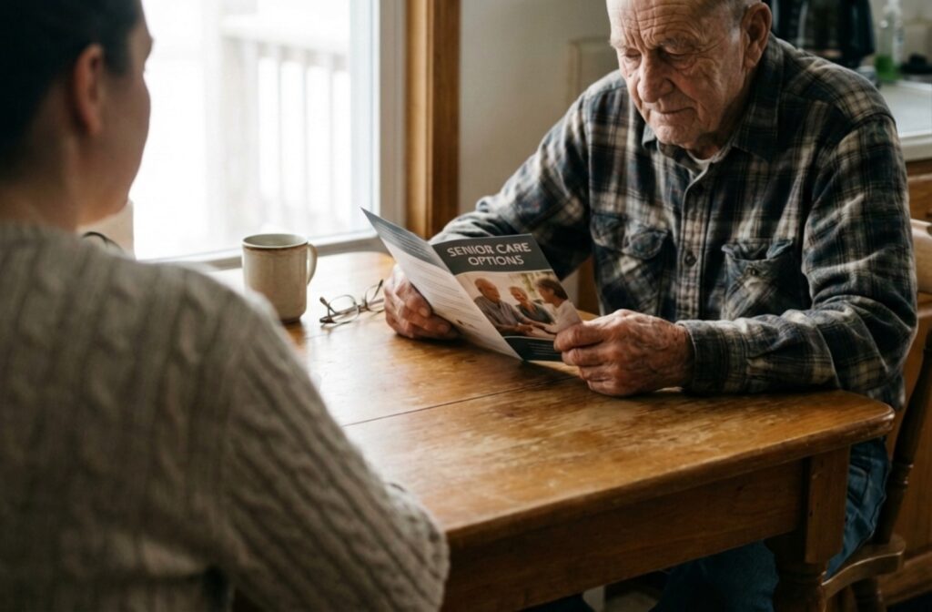 An adult and an elderly person sit across a wooden table, looking together at a printed care brochure.
