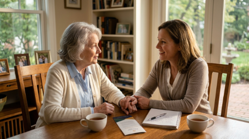 a young woman and her senior mother sit at a table with brochures