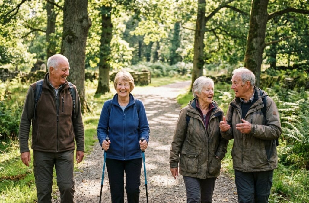 Four older adults walk together on a sun-dappled gravel path in a park, with one person using Nordic walking poles.
