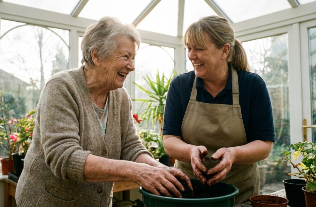 Older adult and caregiver planting flowers in a sunlit indoor garden area of an assisted living facility.
