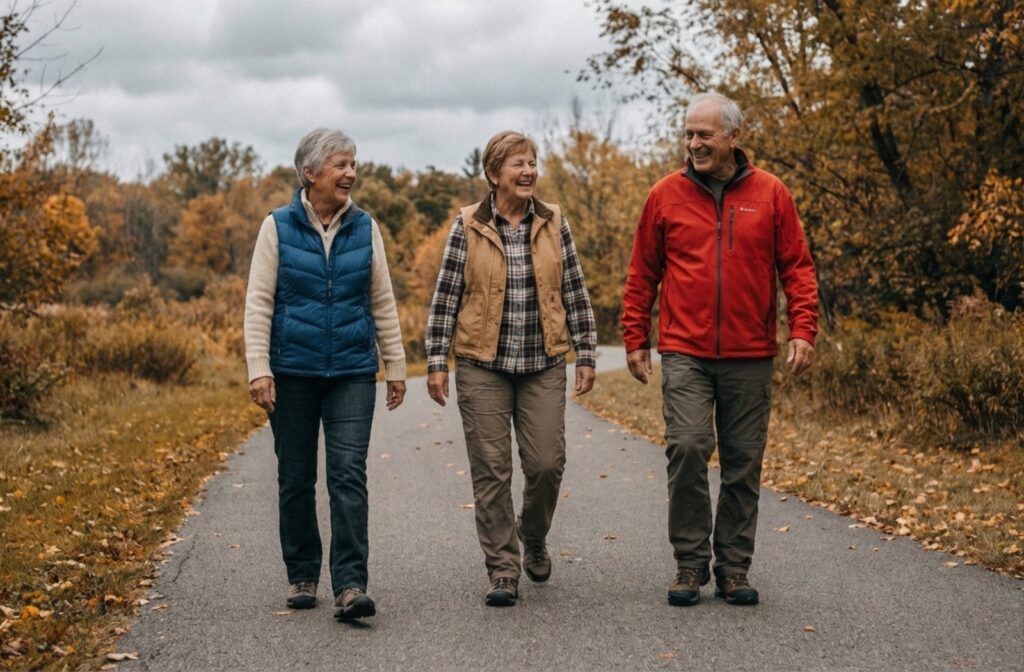 Three older adults in practical activewear walk along a paved trail in a park on an overcast autumn morning.