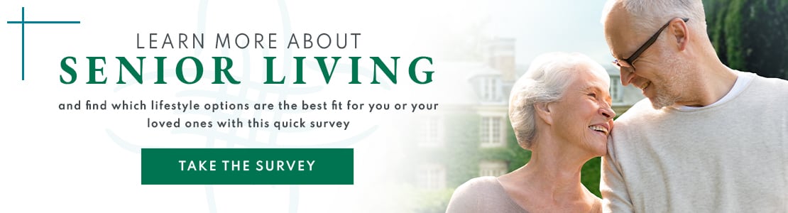 Image showing a mature man and woman looking at each other smiling. Text on the image reads: Learn more about senior living and find which lifestyle options are the best fit for you or your loved ones with this quick survey. Take the survey.