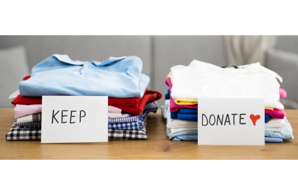 Two piles of clothing during the decluttering process. Left pile has a sign saying keep and the right pile has a sign saying donate.
