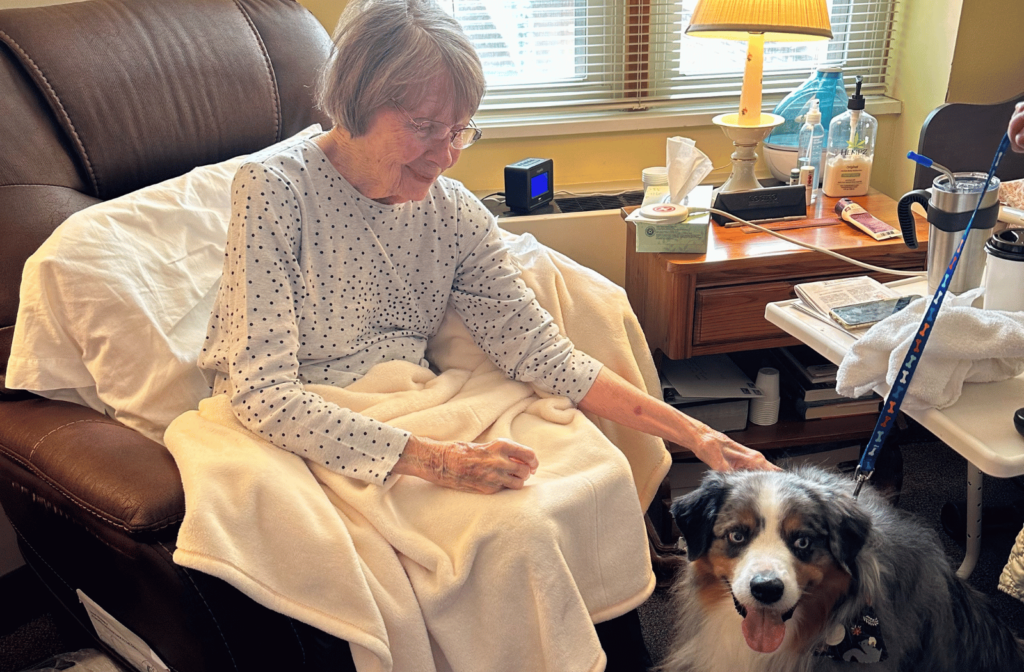 A female nursing home resident at Bethany Village pets an Australian shepherd therapy dog during a pet therapy visit