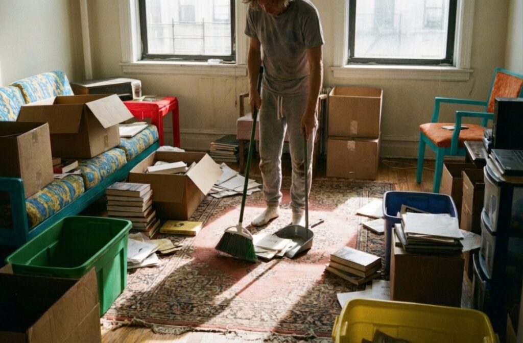 Adult in sweatpants sorting a pile of books and papers into cardboard boxes on a faded rug in a sunlit living room.